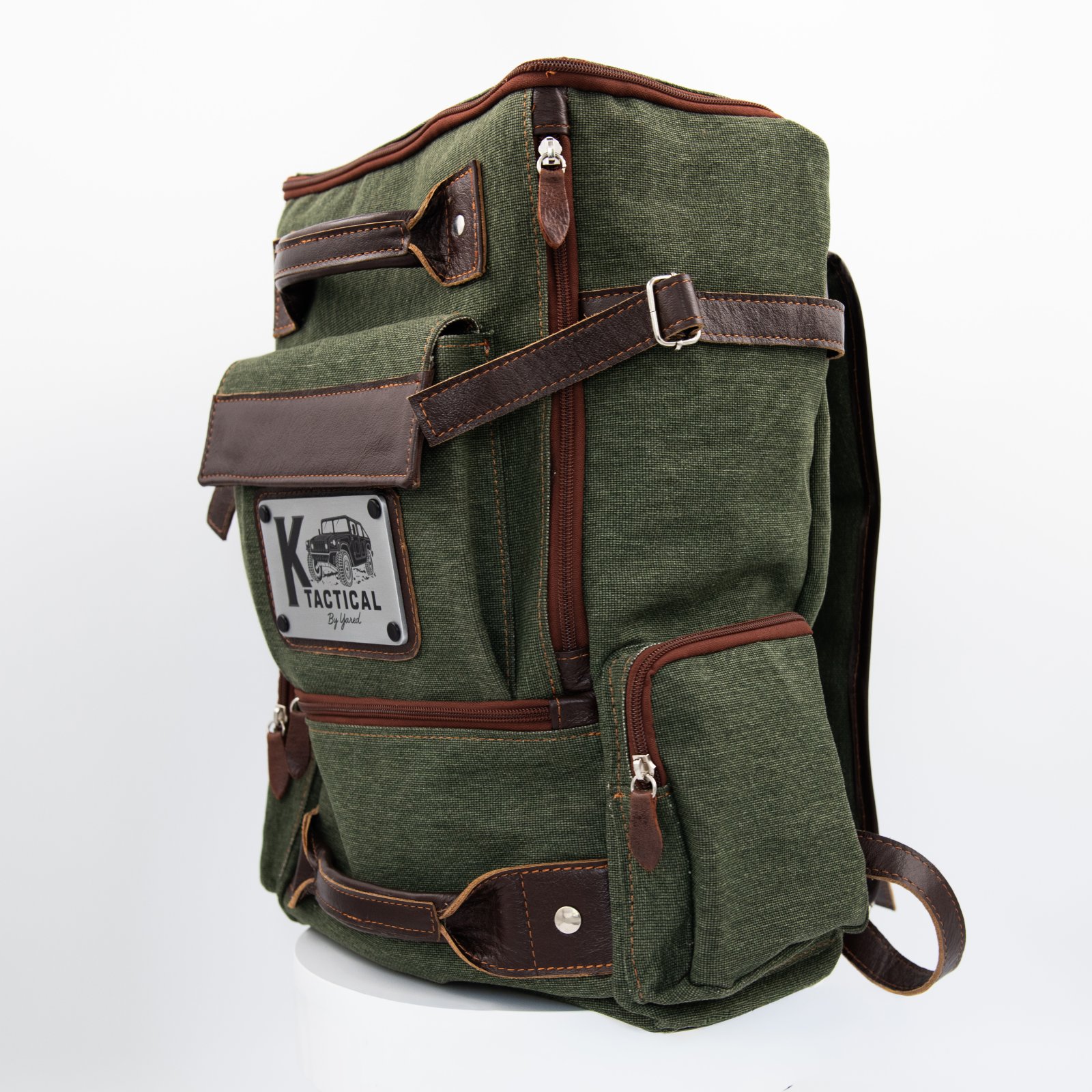 K-Tactical Green Canvas brown leather backpack - Image 2