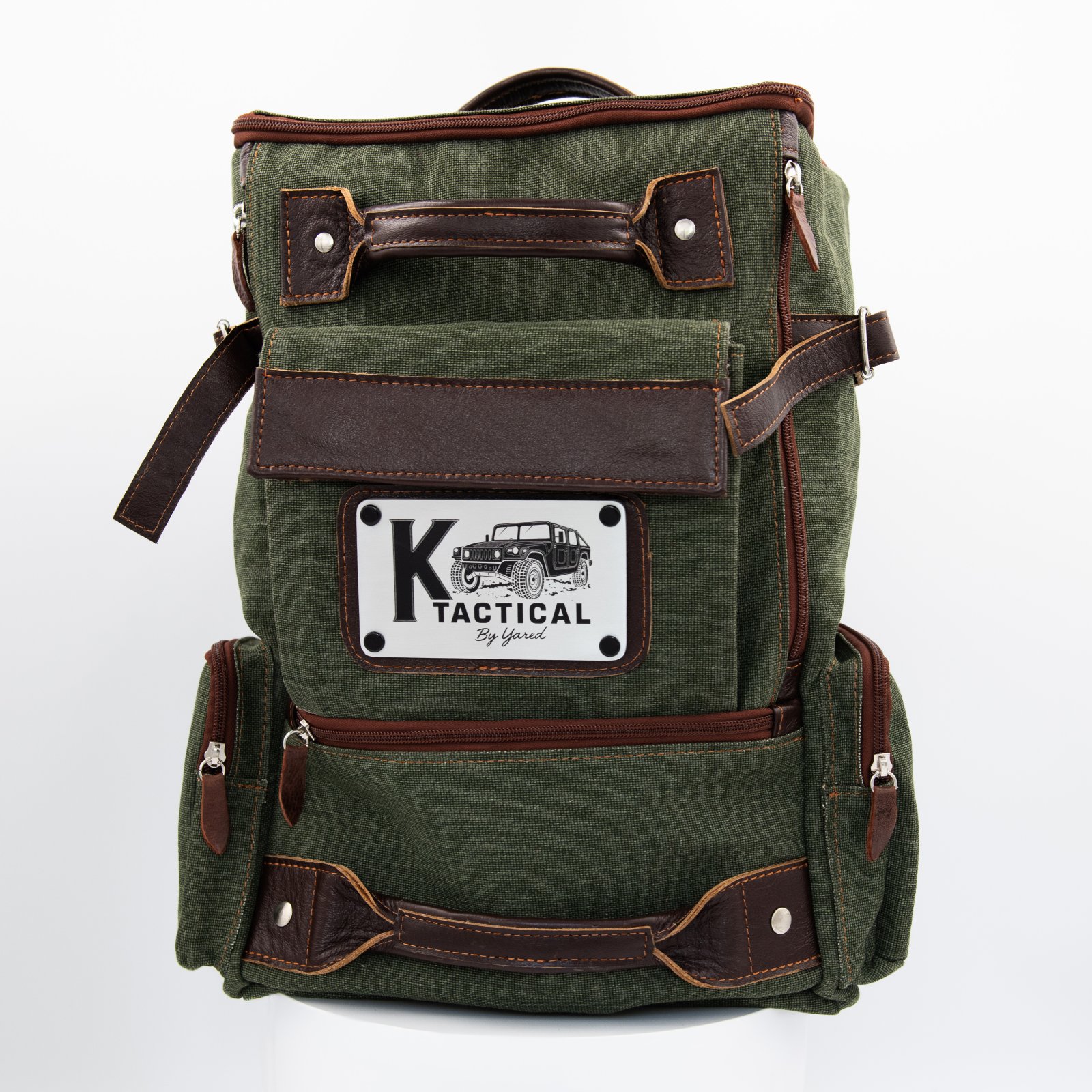 K-Tactical Green Canvas brown leather backpack