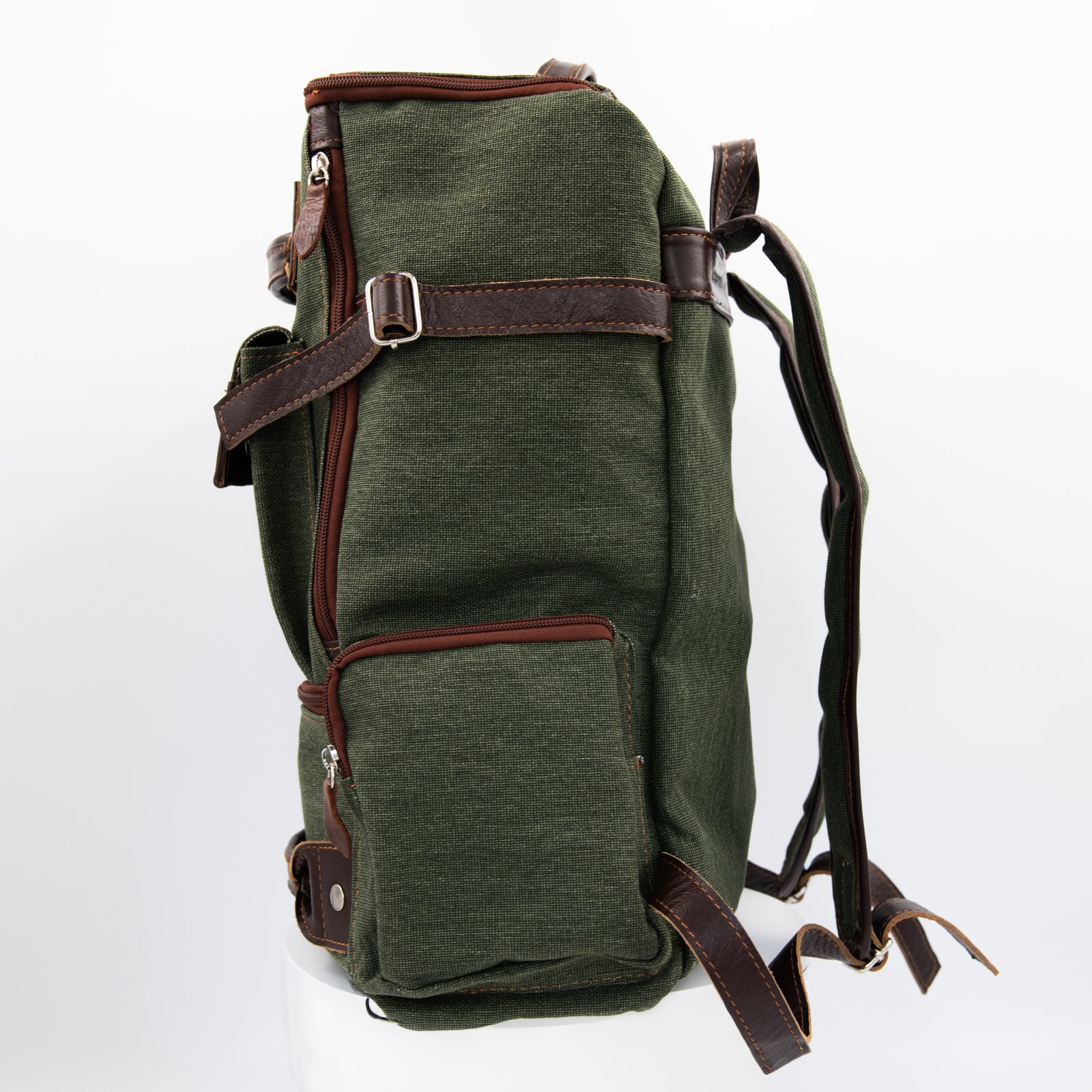 K-Tactical Green Canvas brown leather backpack - Image 3