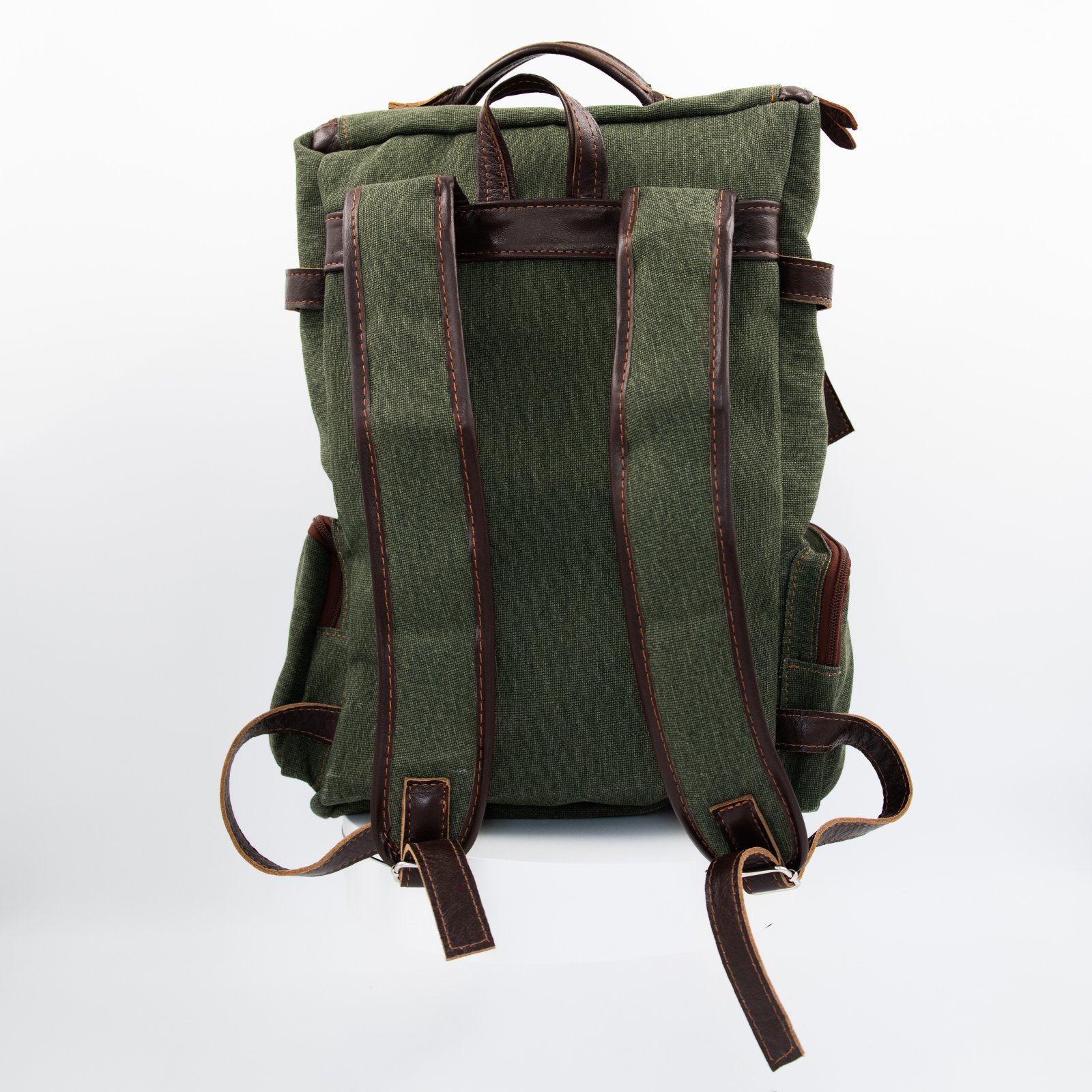 K-Tactical Green Canvas brown leather backpack - Image 4